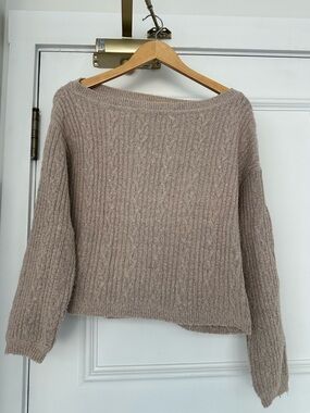Tularosa Ribbed Off-Shoulder Sweater in Taupe